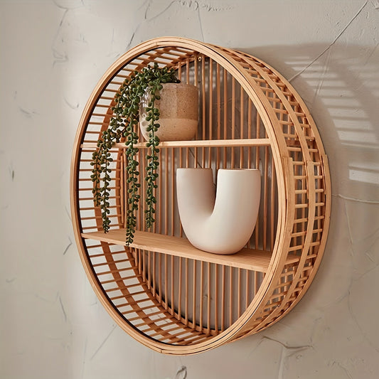 Round Bamboo Wall Shelf - Handmade Boho Floating Organizer for Stylish Storage