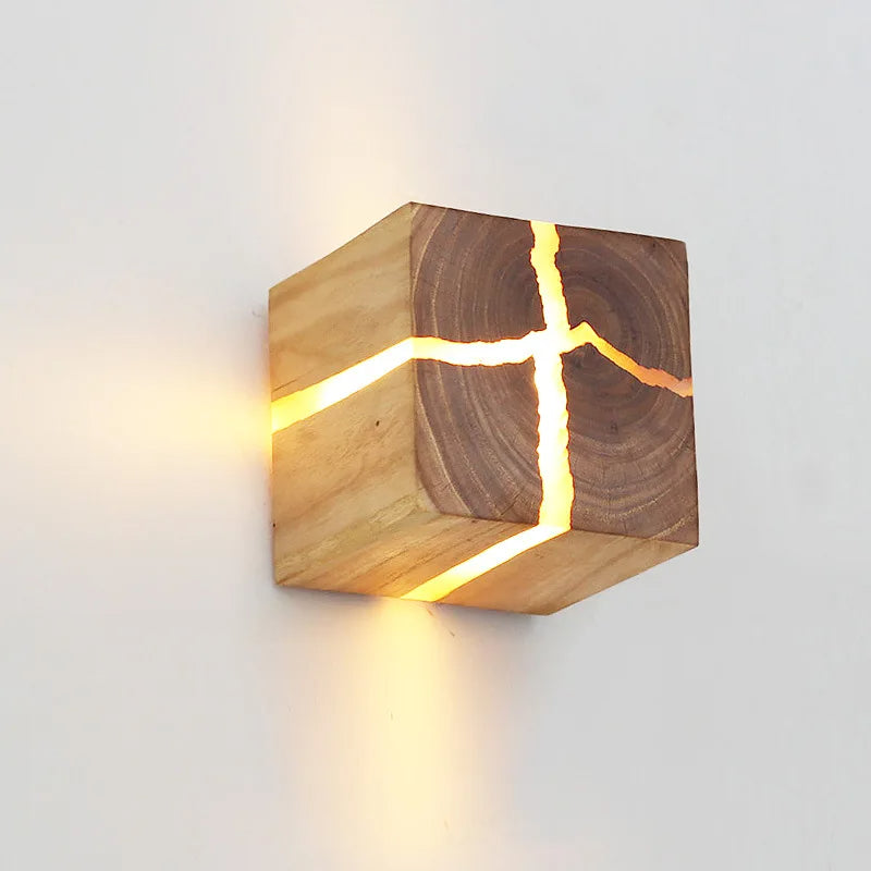 WoodAura Wall Light — Hand-Carved Solid Wood with Resin Inlay Design