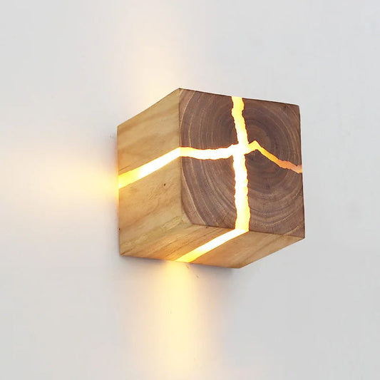 WoodAura Wall Light — Hand-Carved Solid Wood with Resin Inlay Design