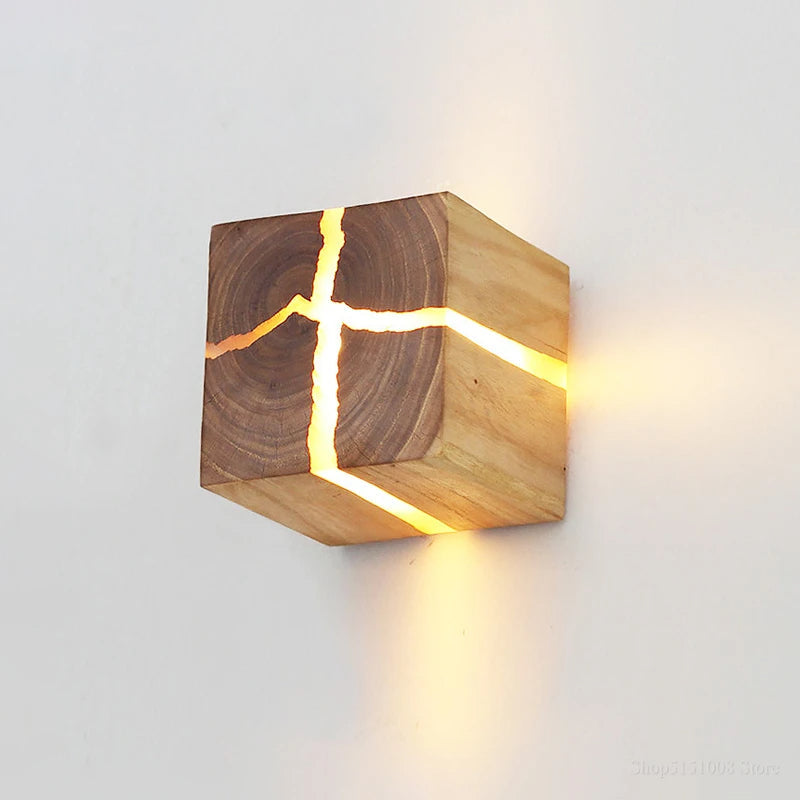 WoodAura Wall Light — Hand-Carved Solid Wood with Resin Inlay Design