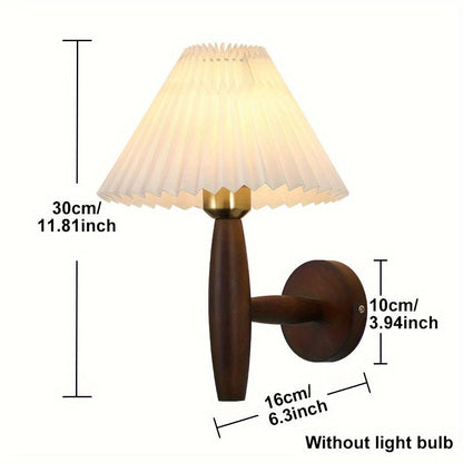 Nordic Wooden Wall Sconce with Pleated Shade – Retro Bedside Lamp