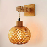 Rustic Wooden Wall Sconce with Handwoven Rattan Accent