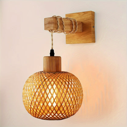 Rustic Wooden Wall Sconce with Handwoven Rattan Accent
