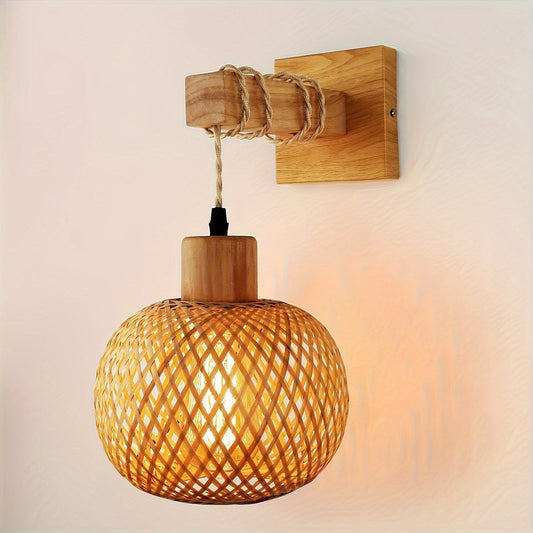 Rustic Wooden Wall Sconce with Handwoven Rattan Accent