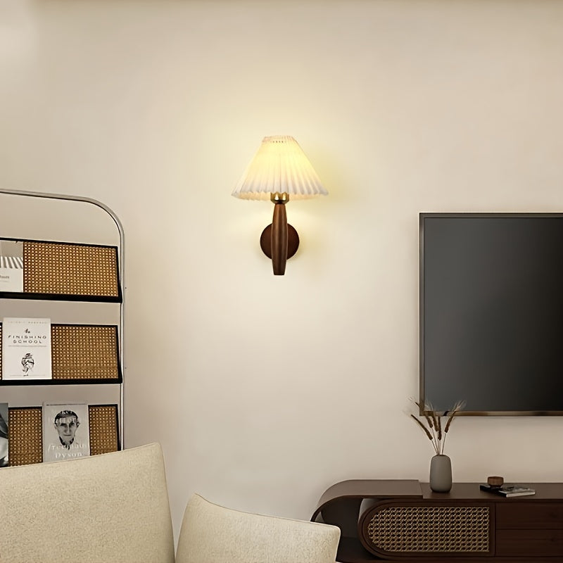 Nordic Wooden Wall Sconce with Pleated Shade – Retro Bedside Lamp