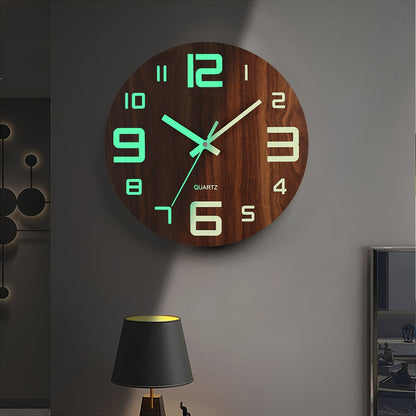 Walnut Luminous Wall Clock - Silent Movement with Glow-in-the-Dark Display in a Sleek Wooden Design