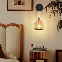 Boho Rattan Wall Lamp - Handwoven Sconce for Cozy Bedside & Living Room Lighting