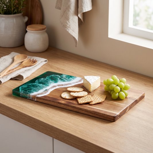 Resin and acacia serving board on a kitchen bench