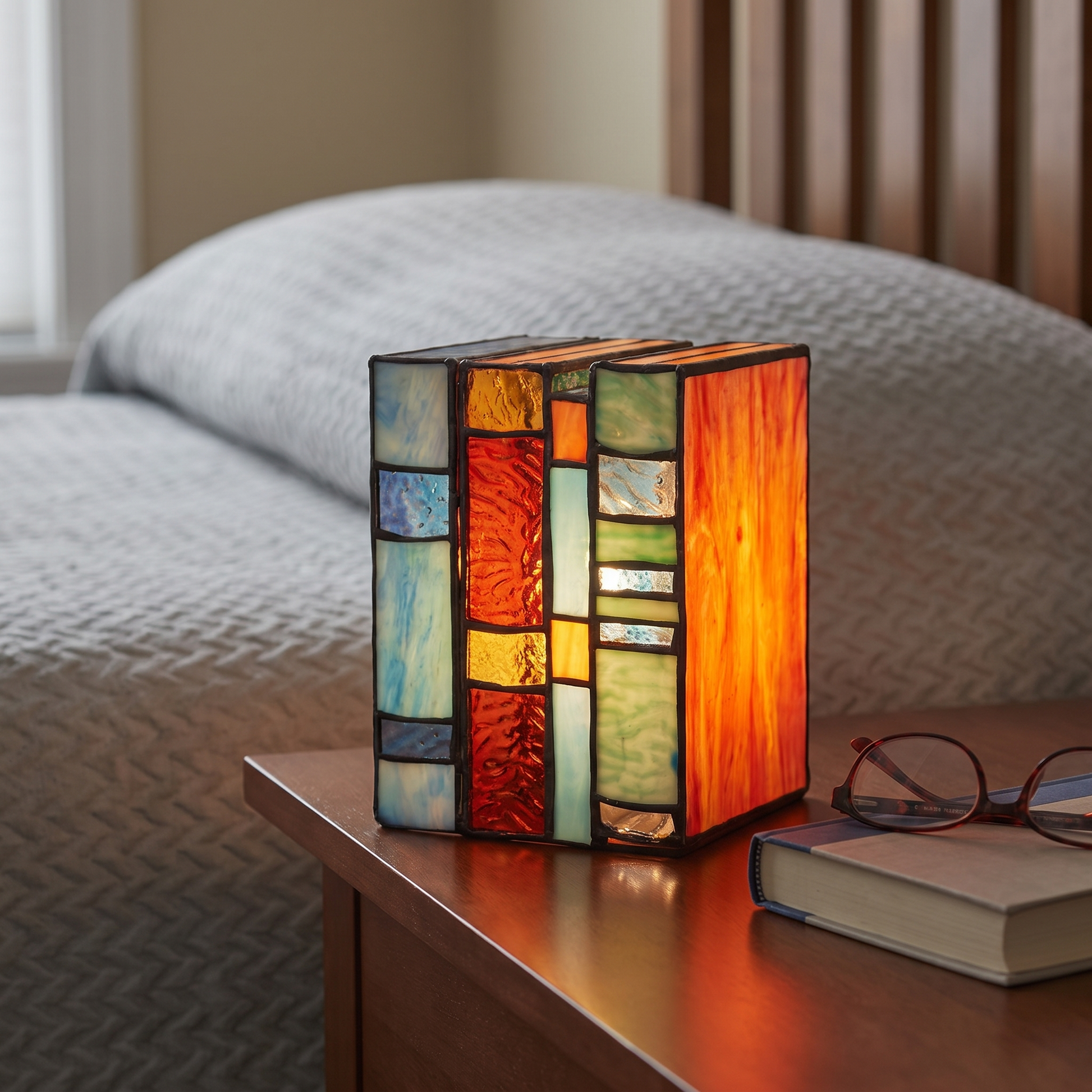 Stained glass book lamp on a bedside table