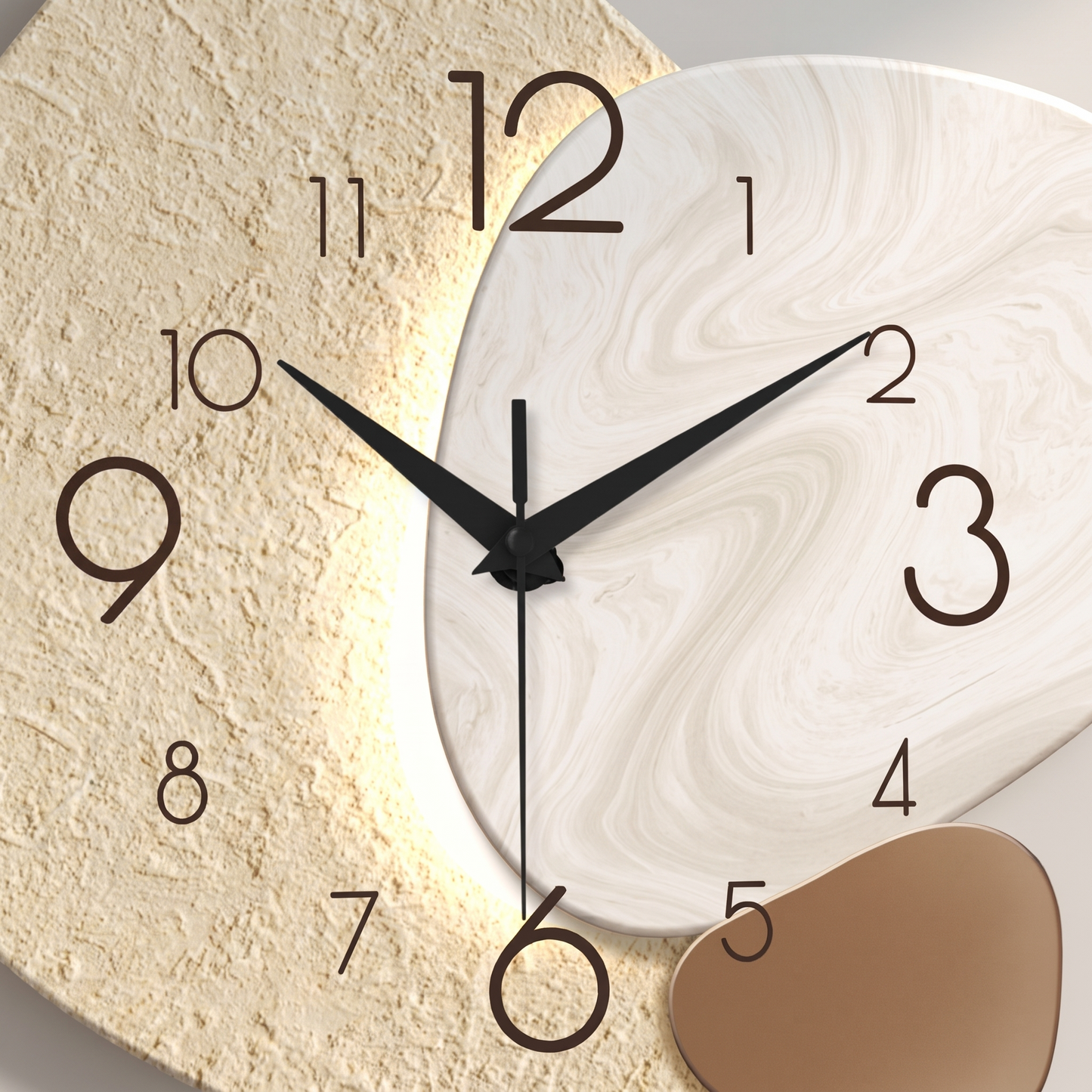 Close up of the clock face, hands and textured panel