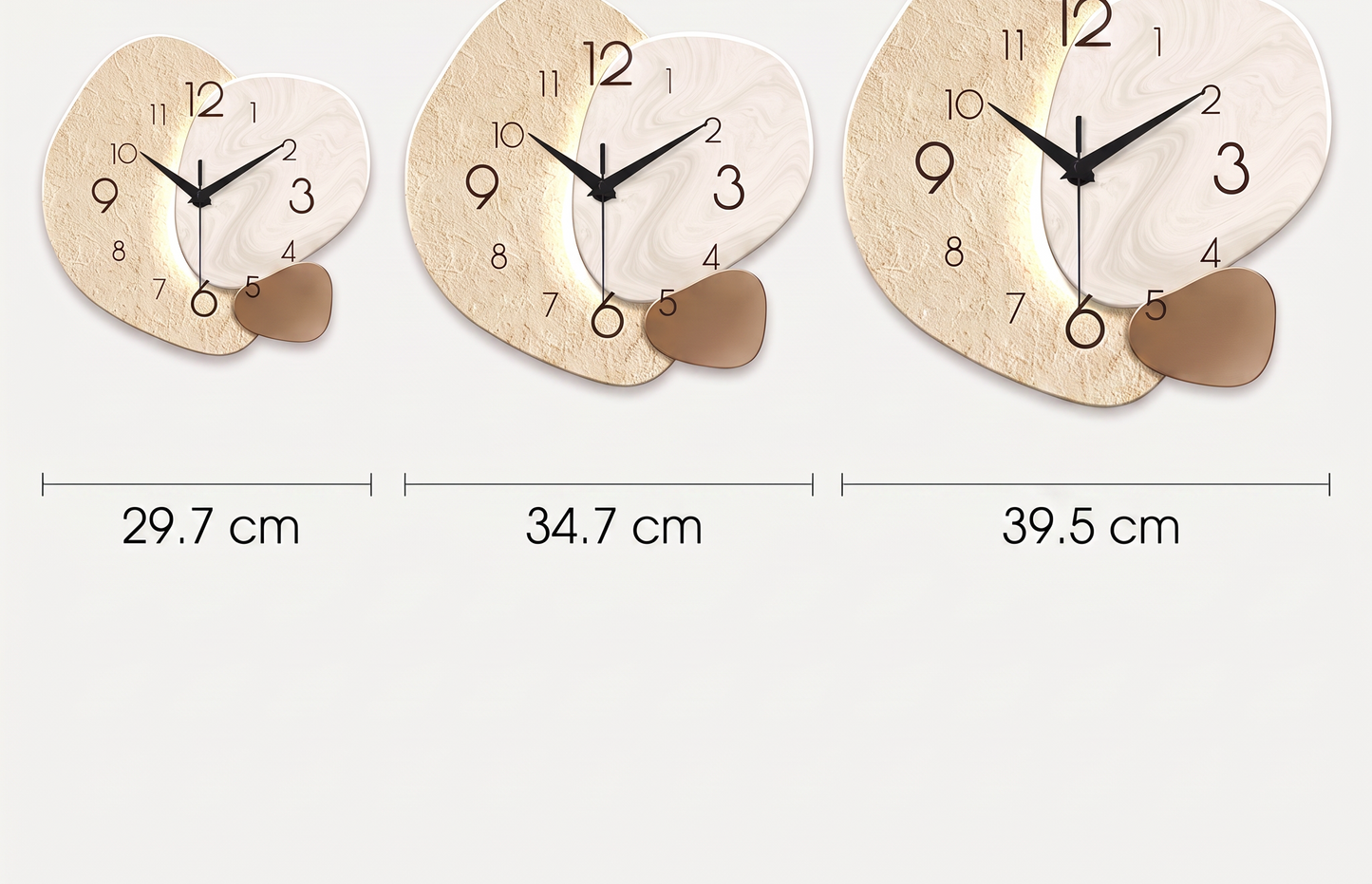 Size chart, 29.7, 34.7 and 39.5 cm