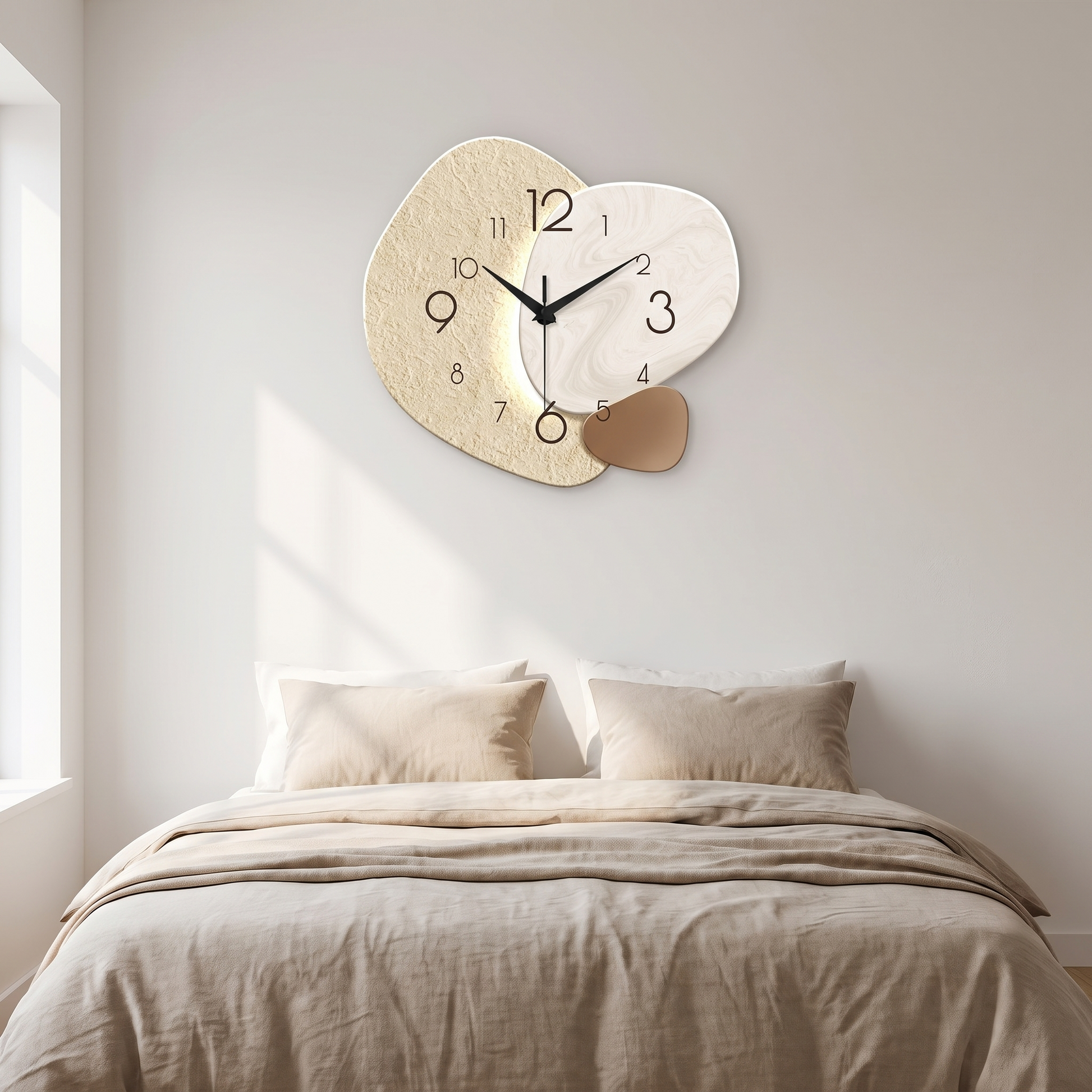 Wall clock above a bed in a neutral bedroom