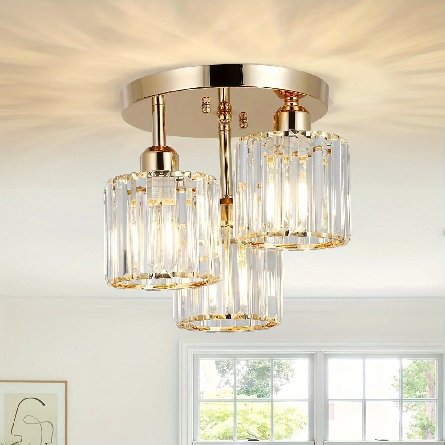 Luxurious Modern Gold Crystal Ceiling Light – 3-Light Semi-Flush Mount