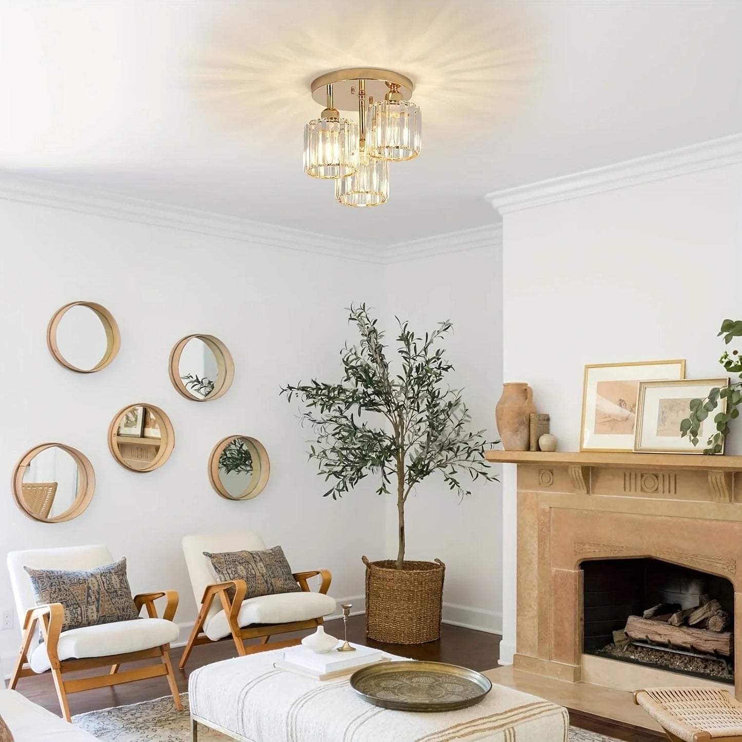 Luxurious Modern Gold Crystal Ceiling Light – 3-Light Semi-Flush Mount