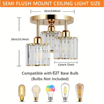 Luxurious Modern Gold Crystal Ceiling Light – 3-Light Semi-Flush Mount