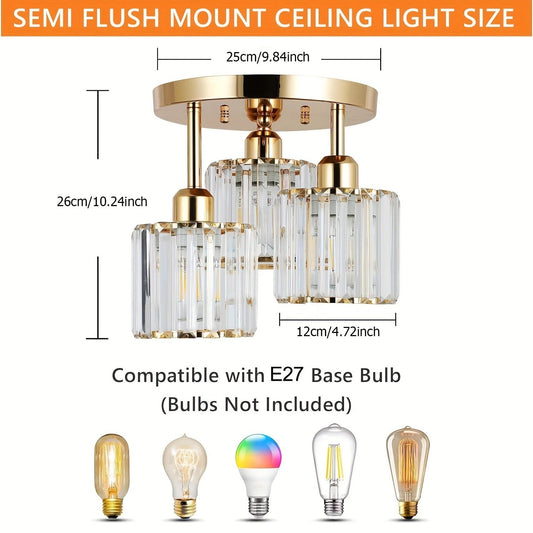 Luxurious Modern Gold Crystal Ceiling Light – 3-Light Semi-Flush Mount