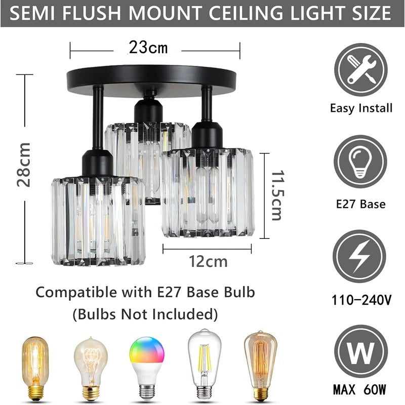 Luxurious Modern Gold Crystal Ceiling Light – 3-Light Semi-Flush Mount
