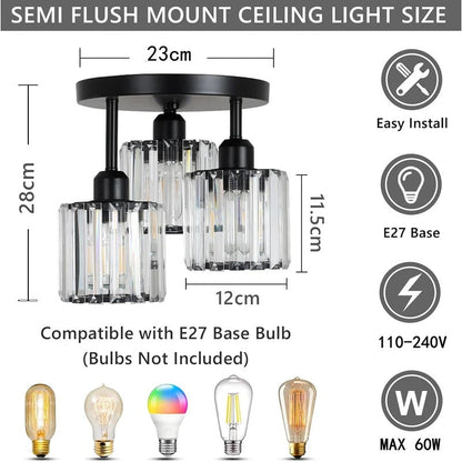 Luxurious Modern Gold Crystal Ceiling Light – 3-Light Semi-Flush Mount